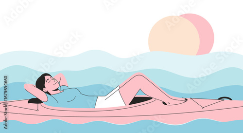 Illustration of a woman relaxing on a pink kayak at sea near the sunset