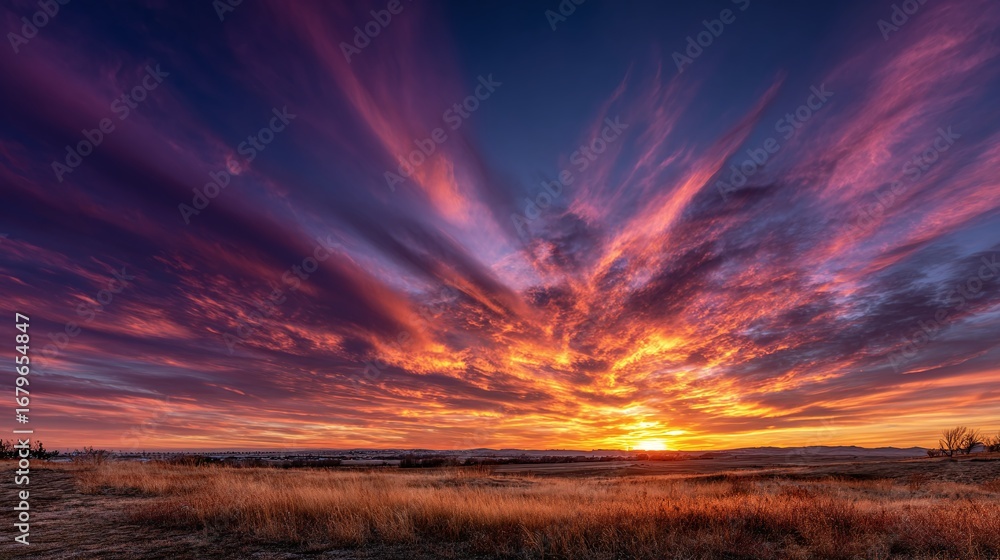 Fototapeta premium Panoramic landscape of a fiery sunrise with dramatic clouds over a field.