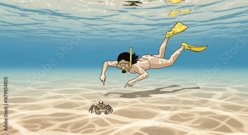 Illustration of a woman snorkeling and observing a crab in an underwater scene