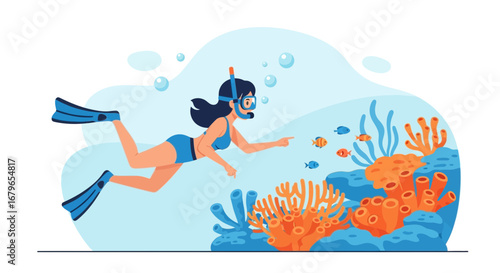 Illustration of a woman snorkeling in the ocean, admiring coral reefs and fishes