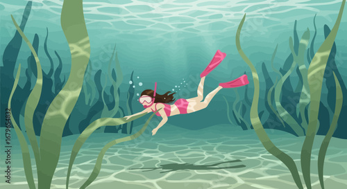 Illustration of a woman snorkeling underwater with fins amidst aquatic plants