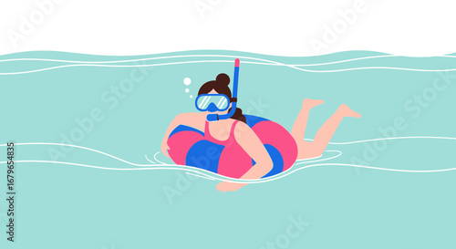 Illustration of a Woman Snorkeling with an Inflatable Ring in the Ocean during Summer