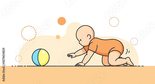 Infant Crawling Towards Colorful Ball Demonstrating Early Stages Of Development And Discovery