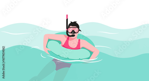 Illustration of a Woman Snorkeling, Swimming and Floating in the Ocean Water