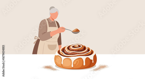 Illustration of a woman sprinkling spices on a delicious cinnamon roll pastry dessert image