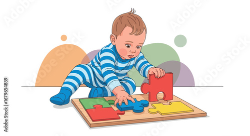 Infant Engaged In Learning By Manipulating A Colorful Puzzle On A Wooden Board