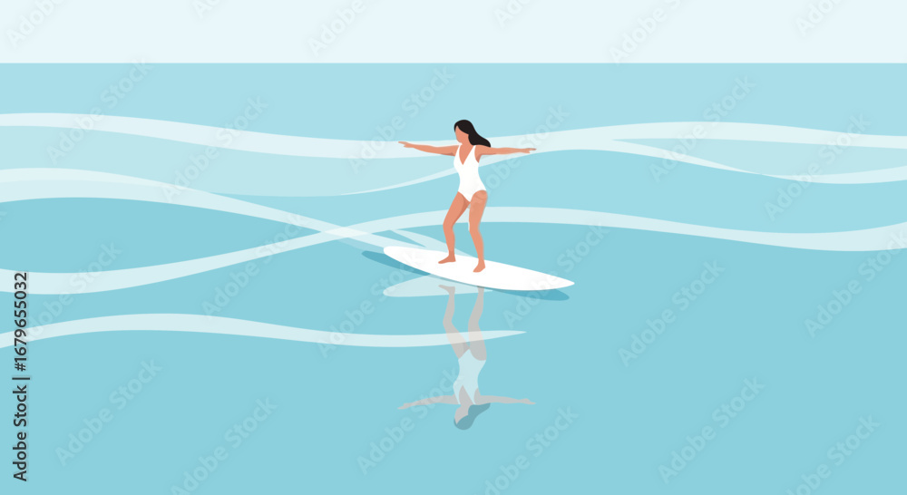Naklejka premium Illustration of a woman surfing on the water with a bright summer sky and water reflection