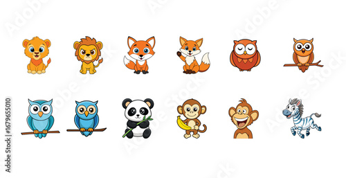 Funny cartoon collection of cute animals including dogs cats lions and more