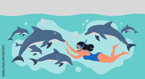 Illustration of a woman swimming with dolphins in a tropical sea, underwater view