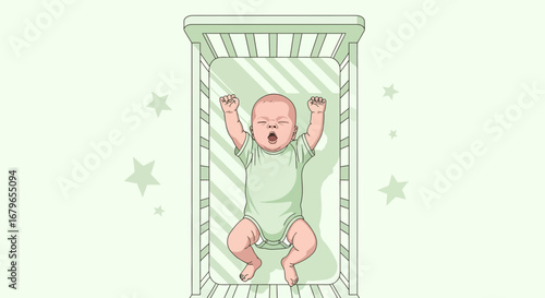 Infant Stretching In Crib With Stars Showing Peaceful Rest and Sleep Vector Graphic