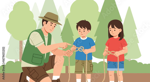 Instructor Teaching Kids How to Tie Knot Outdoors on a Camping Trip for Recreational Fun