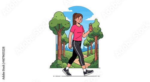 Illustration of a woman walking in a park while eating a snack bar enjoying a healthy lifestyle