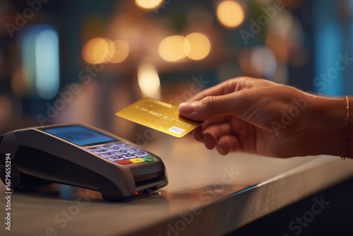 Hand Holding Credit Card Near Contactless Payment Terminal