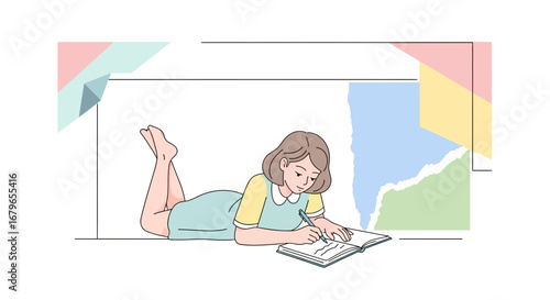 Illustration of a woman writing in a notebook while lying down with a relaxed posture