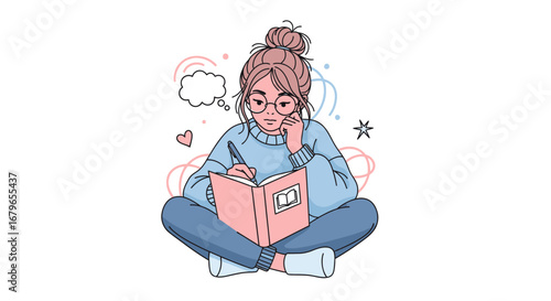 Illustration of a woman writing in a notebook with a thought bubble and heart