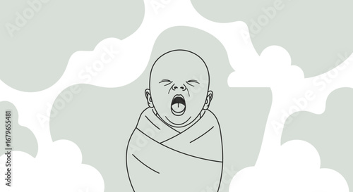 Illustration of a yawning baby swaddled in a blanket with cloud elements added to the scene