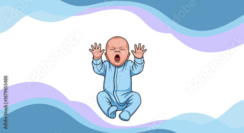 Illustration of a yawning baby with an abstract background, cute toddler in a blue outfit