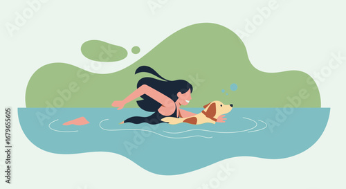 Joyful Aquatic Companion: A Woman And Her Canine Enjoying A Swim Together