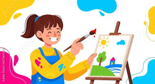 Joyful Artist Painting Sunlight and Landscape Scenes on Canvas with Colorful Backgrounds