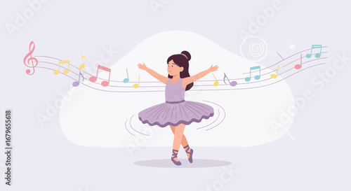 Illustration of a young ballerina dancing gracefully with musical notes around her