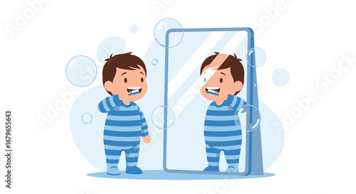 Illustration of a young boy brushing his teeth in front of the mirror every morning diligently
