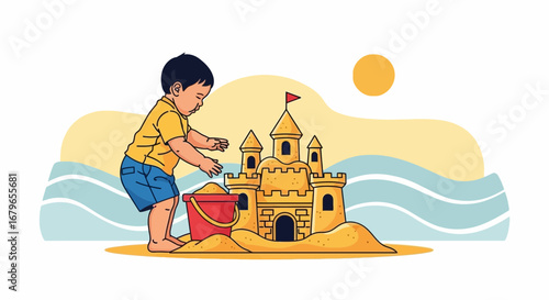 Illustration of a young boy building a sandcastle on the beach during a sunny day