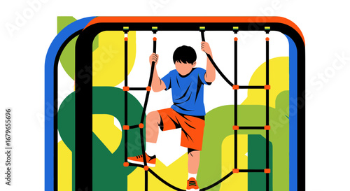 Illustration of a Young Boy Climbing a Rope Climbing Frame in a Playground