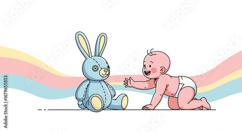 Joyful Baby Crawling Towards A Plush Bunny Toy For Playtime And Exploration