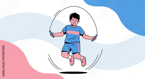 Illustration of a young boy jumping rope showing fitness, exercise, and healthy living