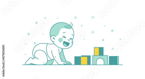 Joyful Baby Exploring Building Blocks Amidst Playful Snowflakes In Delighted Moment