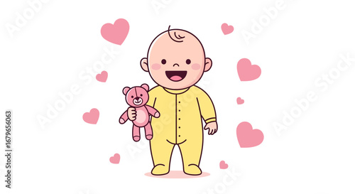 Joyful Baby Holding Teddy Bear And Surrounded By Lovely Hearts On White Background