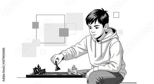 Illustration of a Young Boy Playing Chess, Focused on Strategy and Competition, BW Image