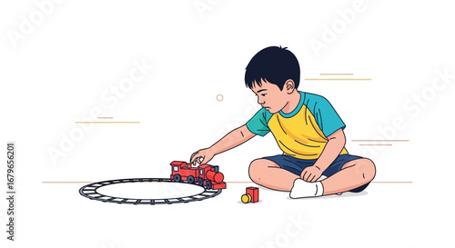 Illustration of a young boy playing with a toy train and track on a white background