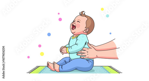 Joyful Baby Laughing While Being Held With Hands, Isolated on White, Adorable Scene