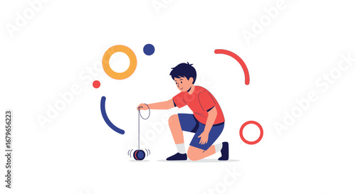 Illustration of a young boy playing with a yo-yo in colorful vector style design