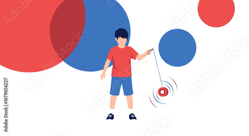 Illustration of a Young Boy Playing with a Yo-Yo and Colorful Geometric Shapes