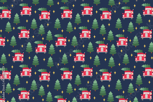 Santa Truck Christmas Tree Pattern swatch available in swatches panel, Festive Holiday Seamless Design