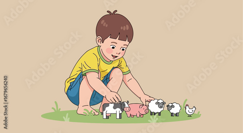 Illustration of a young boy playing with animal toys on a green field