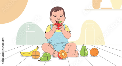 Joyful Baby Nibbling Fruit on Floor Amidst Colorful Bananas, Apples, Pears and Oranges