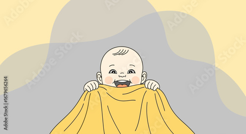 Joyful Baby Peeking From Behind Yellow Cover, Smiling, Vector Illustration, Cute Child