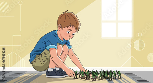 Illustration of a young boy playing with green toy soldiers in his room
