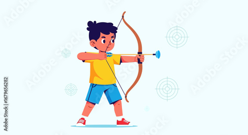 Illustration of a young boy practicing archery aiming at a target with a bow and arrow