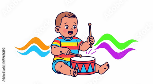 Joyful Baby Playing A Drum With Enthusiasm And Colorful Artistic Waves