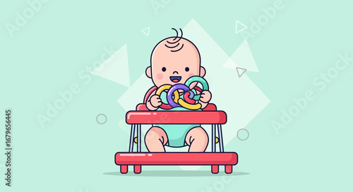 Joyful Baby Playing with Colorful Toys in a Red Walker and Expressing Happiness