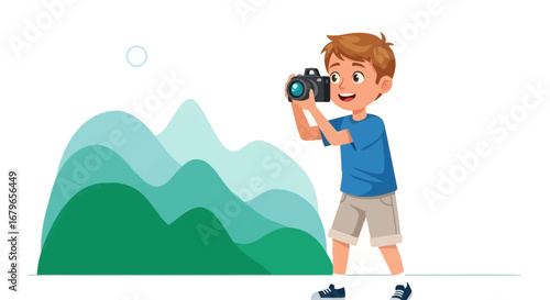Illustration of a young boy taking a photo with a camera in a natural setting