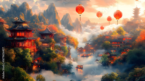 Captivating view showcasing traditional East Asian architecture, floating lanterns, and serene landscapes enveloped in mist
