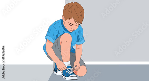 Illustration of a young boy tying his shoes, focused on the task at hand, indoors