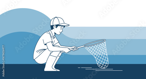 Illustration of a young boy using a net as if he is fishing in a body of water