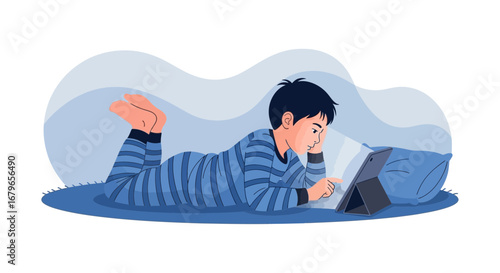 Illustration of a young boy using a tablet while lying down on his stomach at home