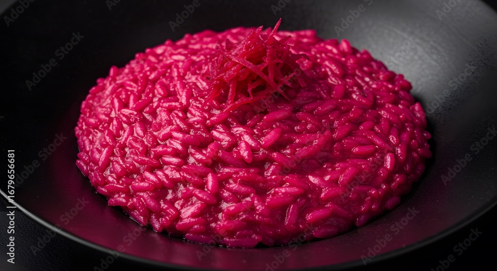 Obraz premium Vibrant Magenta Risotto Dish on Dark Plate Food Photography